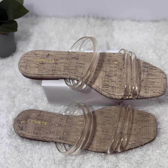 Express Cork Sandals Clear Strap‎ Slip On Flats Casual Summer Shoes Size 9 - Picture 1 of 7
